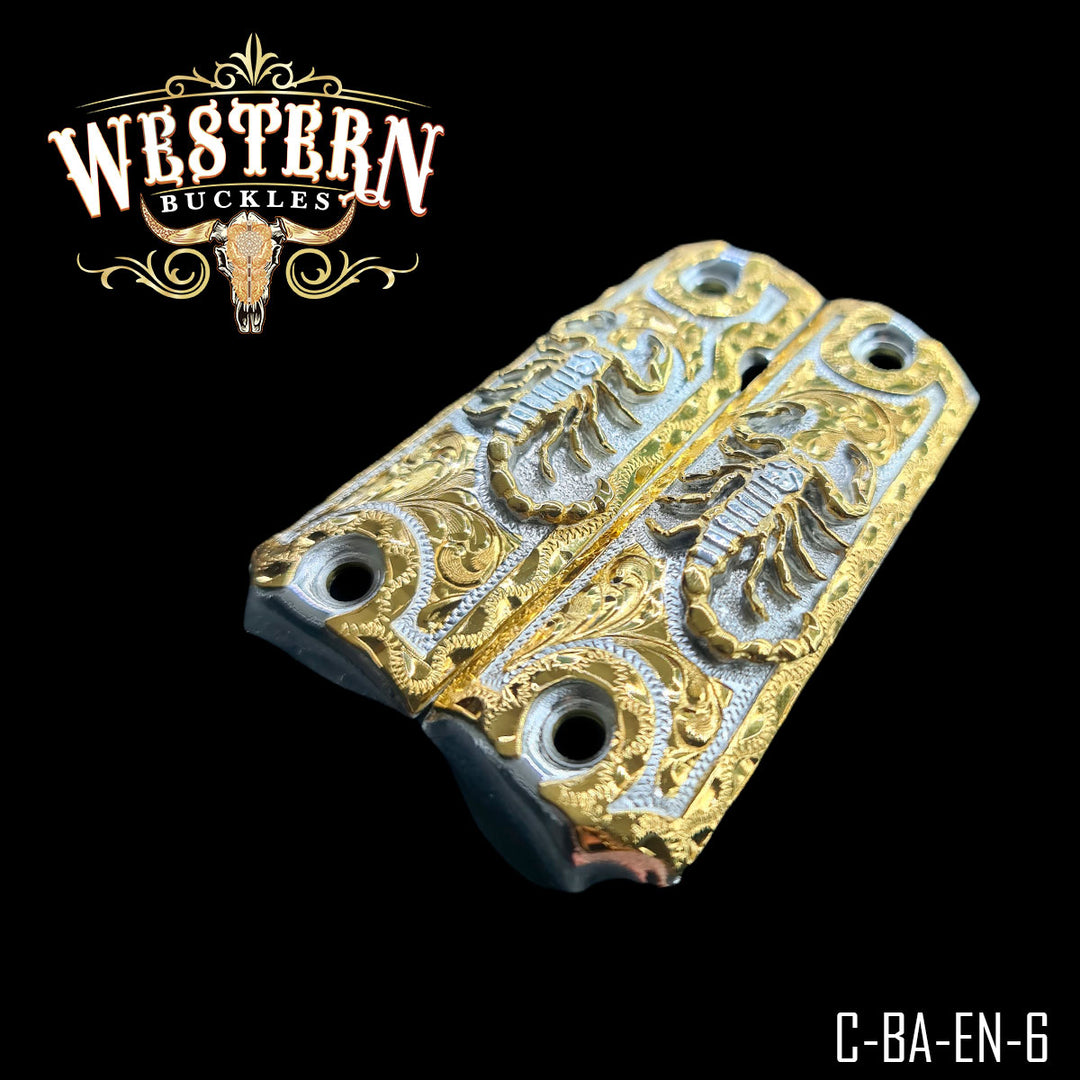 1911 Gun Grips — Hand-Engraved — Detail View | Western Buckles Handcrafted | SKU C-BA-EN-6