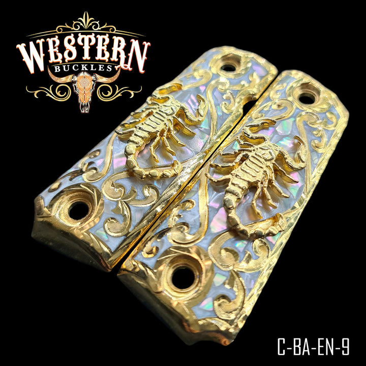 1911 Scorpion Cachas — Artisan Resin — Detail View | Western Buckles Handcrafted | SKU C-BA-EN-9