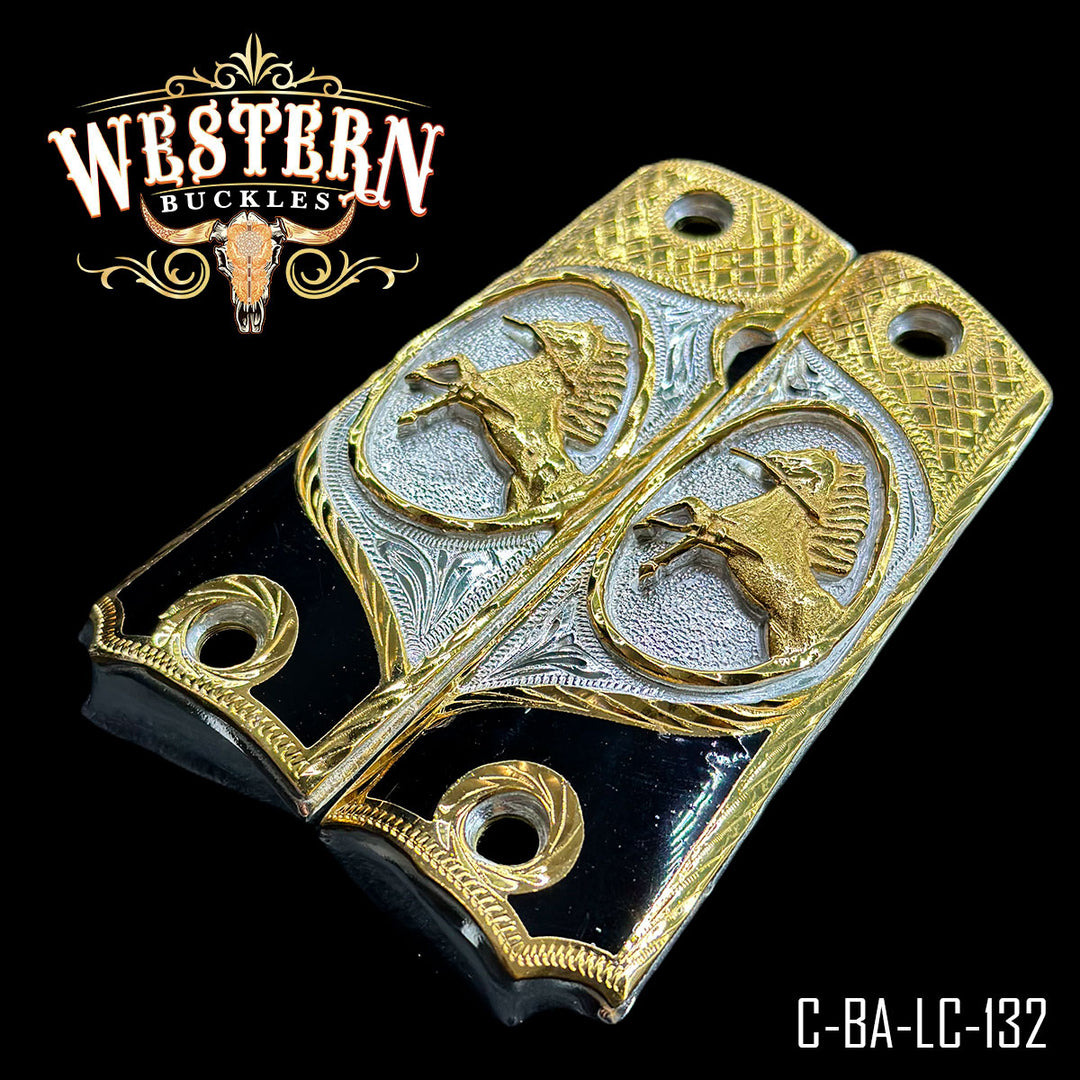 Colt 1911 Horse Cachas — Detail View | Western Buckles Handcrafted | SKU C-BA-LC-132
