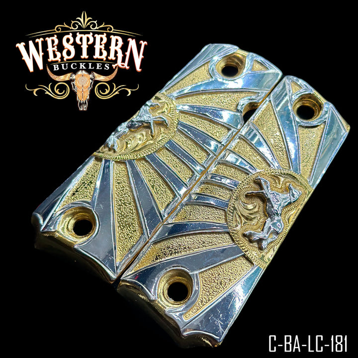 1911 Horse Cachas — 24K Gold Plated &amp; .925 Silver Plated — Detail View | Western Buckles Handcrafted | SKU C-BA-LC-181