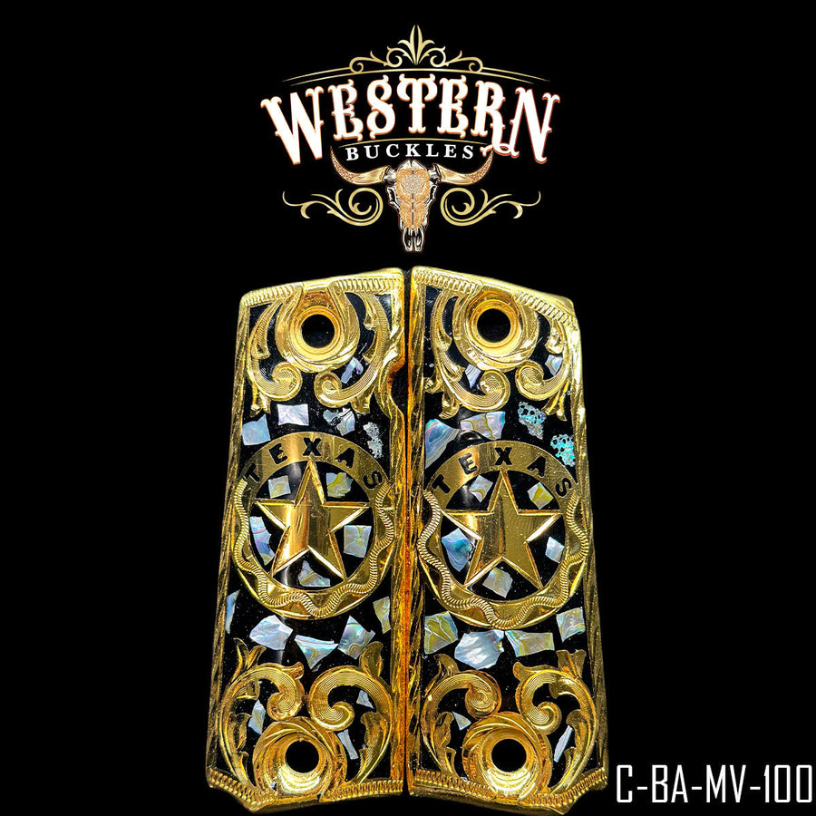 Texas (Lone Star) Custom Grips for Colt 1911 Full-Size — 24K Gold-Plated with Mother-of-Pearl & Artisan Resin