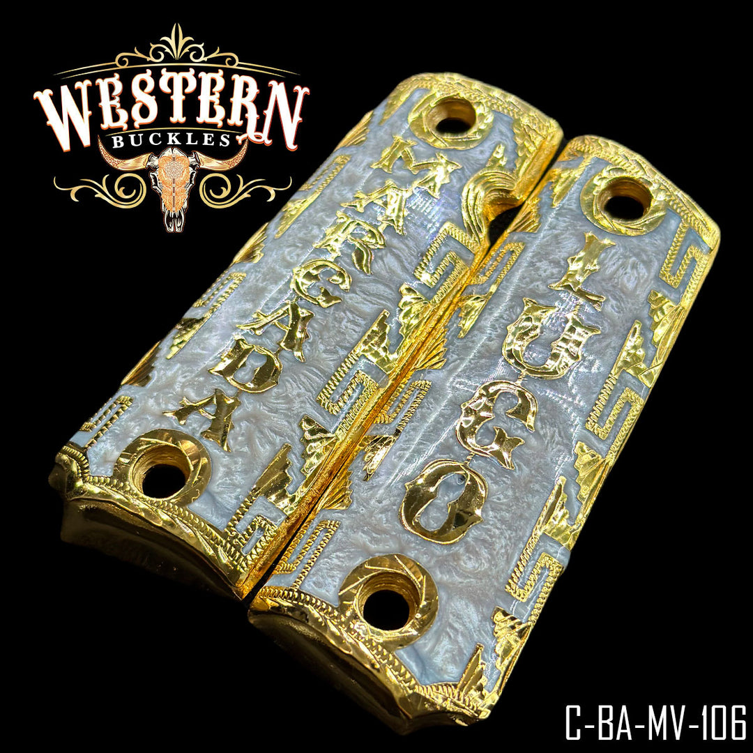 Colt 1911 Cachas — Detail View | Western Buckles Handcrafted | SKU C-BA-MV-108