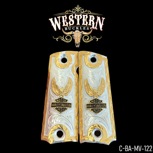 Gold and silver engraved Colt 1911 pistol grips with Harley Davidson eagle design.