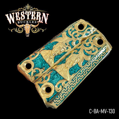 Custom gold and turquoise 1911 pistol grip with engraved portrait design, ornate details