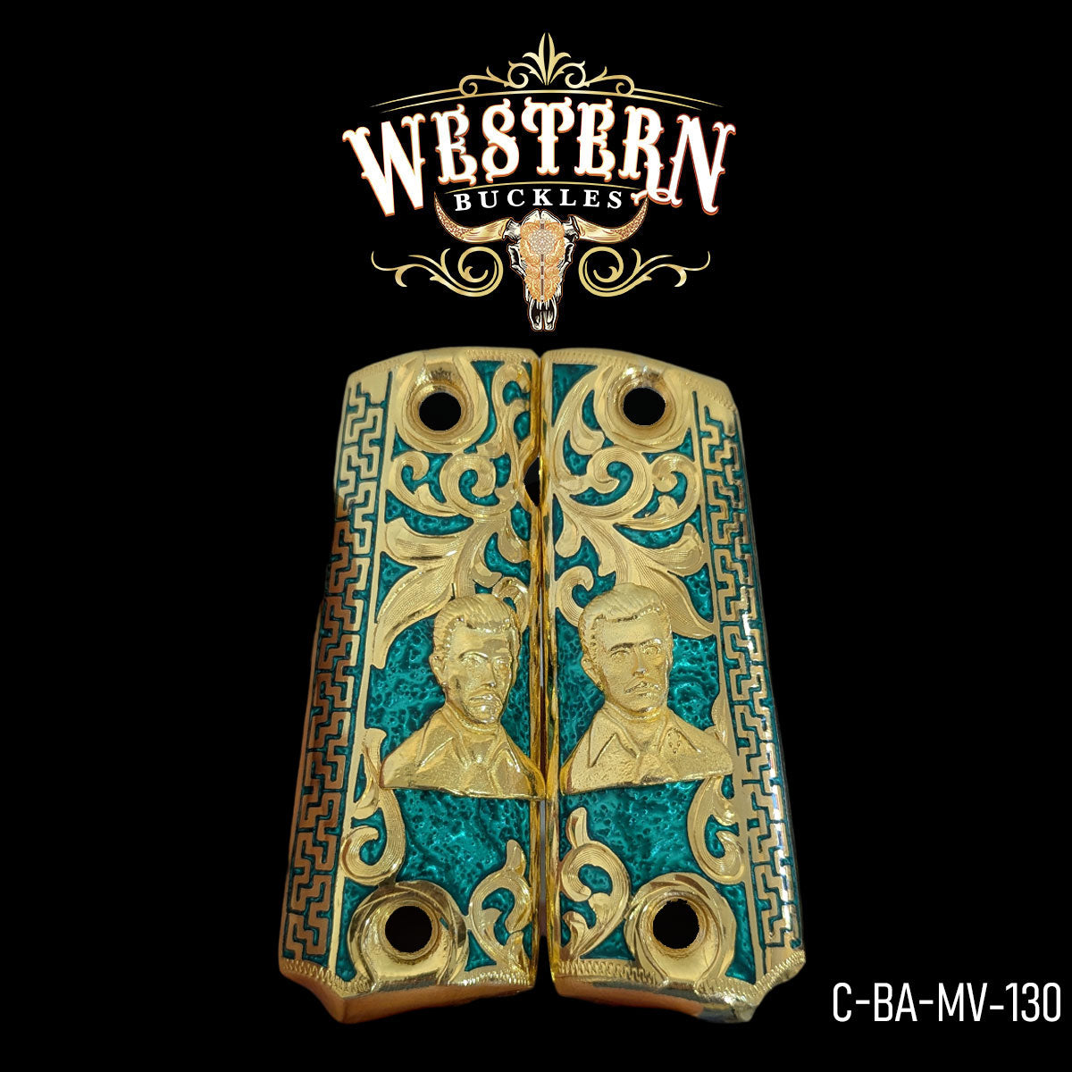 Gold and turquoise Colt 1911 pistol grips with engraved portraits and ornate western design