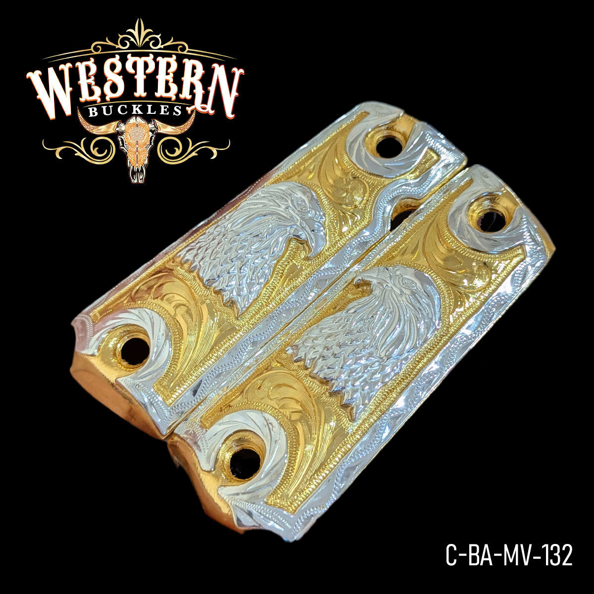Gold and silver Colt 1911 custom pistol grips with eagle engraving, Western style, model C-BA-MV-132
