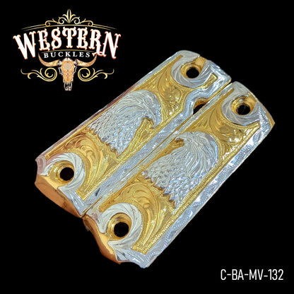 Gold and silver Colt 1911 custom pistol grips with eagle engraving, Western style, model C-BA-MV-132
