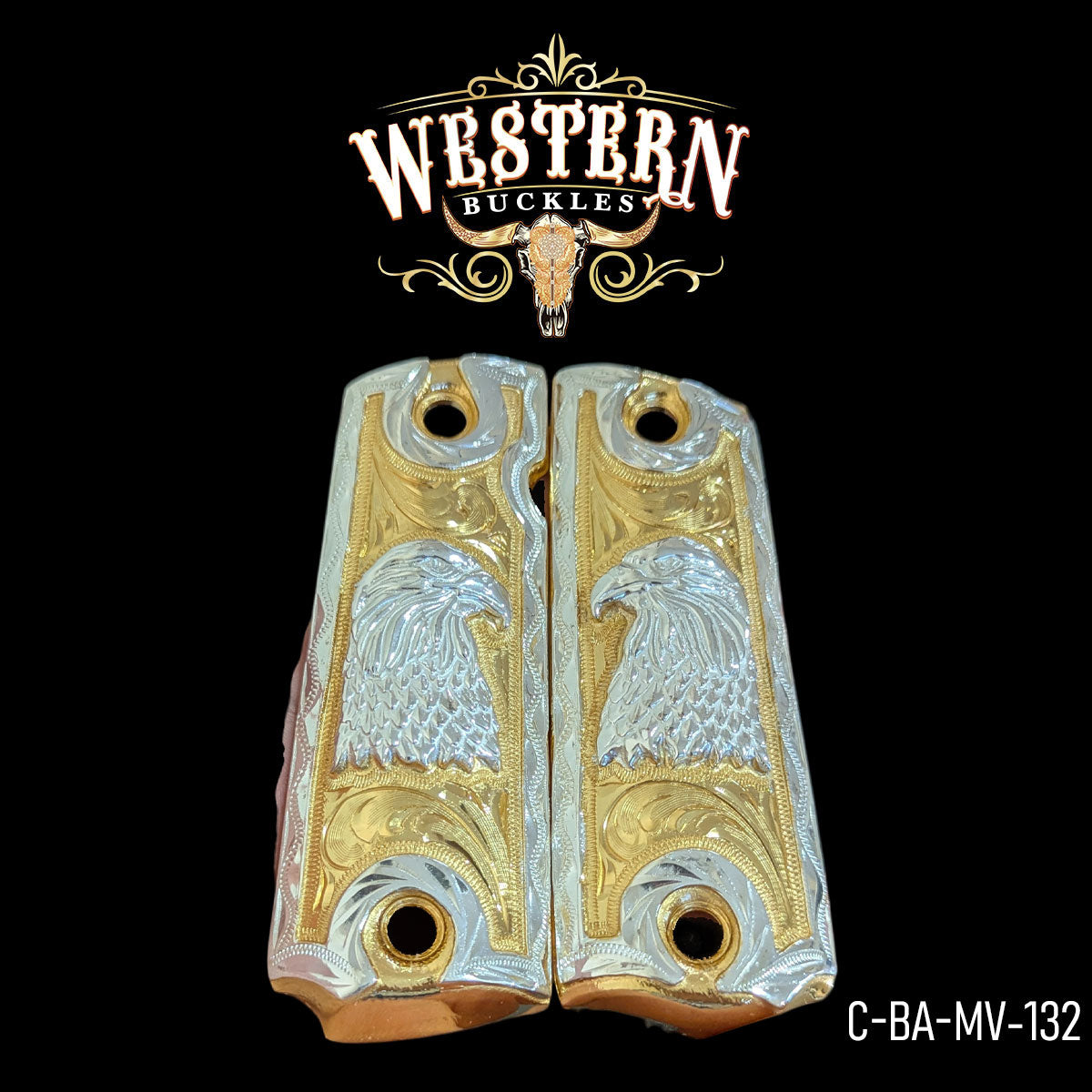 Gold and silver custom Colt 1911 grips with engraved eagle design on black background