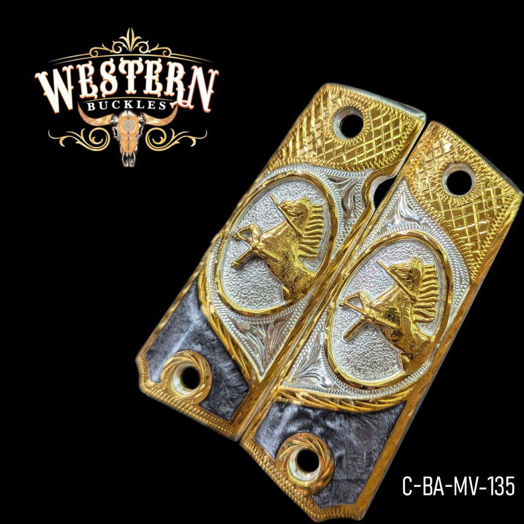 Horse Custom Grips for Colt 1911 Full-Size — 24K Gold-Plated &amp; Silver-Plated with Artisan Resin