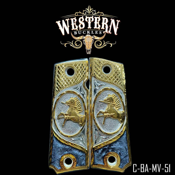 Gold and silver Colt 1911 grips with horse engraving, decorative western pistol grips.