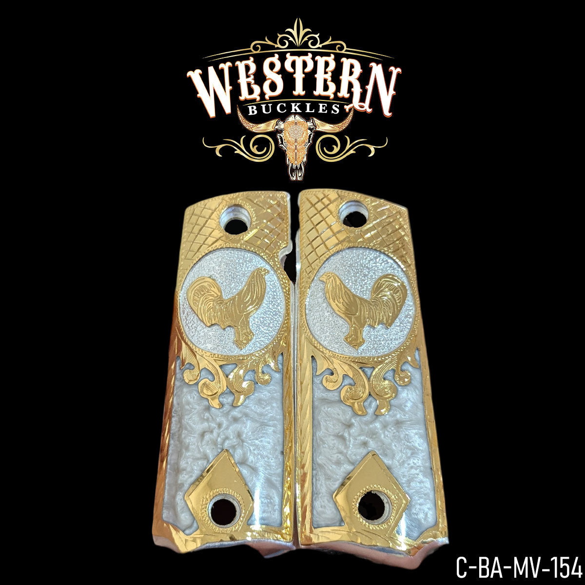 Gold and silver Colt 1911 pistol grips with rooster design, decorative cachas for pistolas.