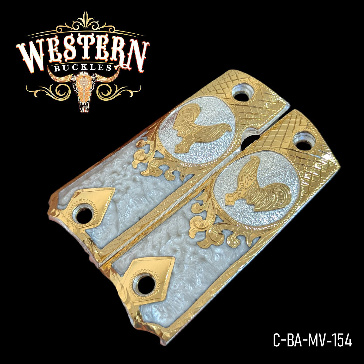 Gold and silver Colt 1911 custom pistol grips with rooster design, engraved details