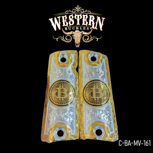 Gold and silver Colt 1911 pistol grips with Bitcoin logo and engraved western details.