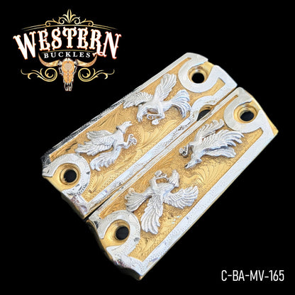 Engraved gold and silver Colt 1911 custom pistol grips with bird motifs on black background