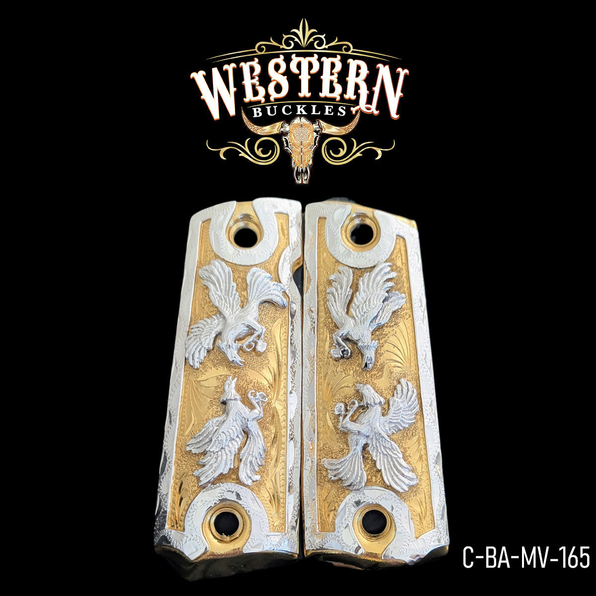 Engraved 1911 pistol grips gold and silver with bird design, custom western style.