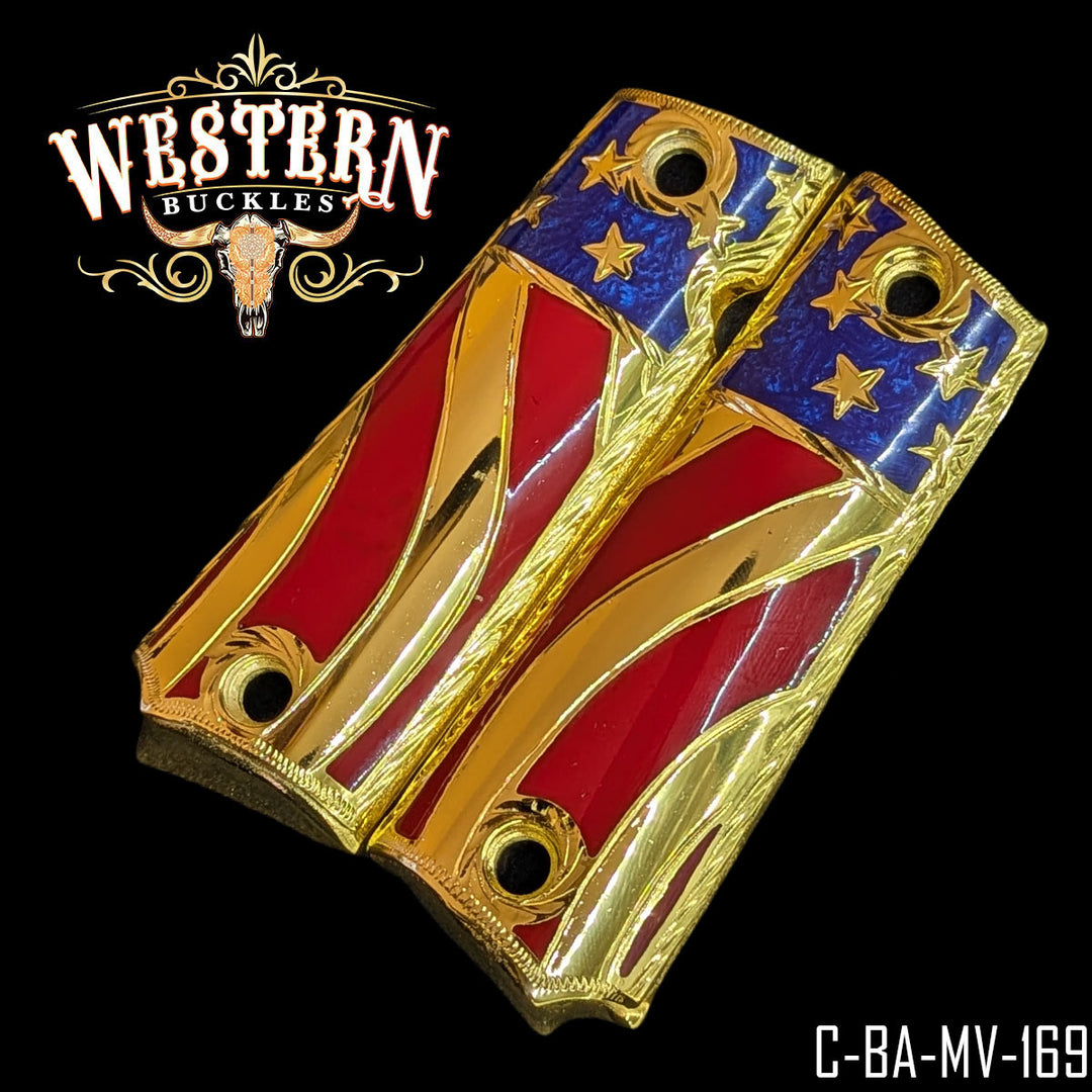1911 Mexican Flag Cachas — Detail View | Western Buckles Handcrafted | SKU C-BA-MV-169