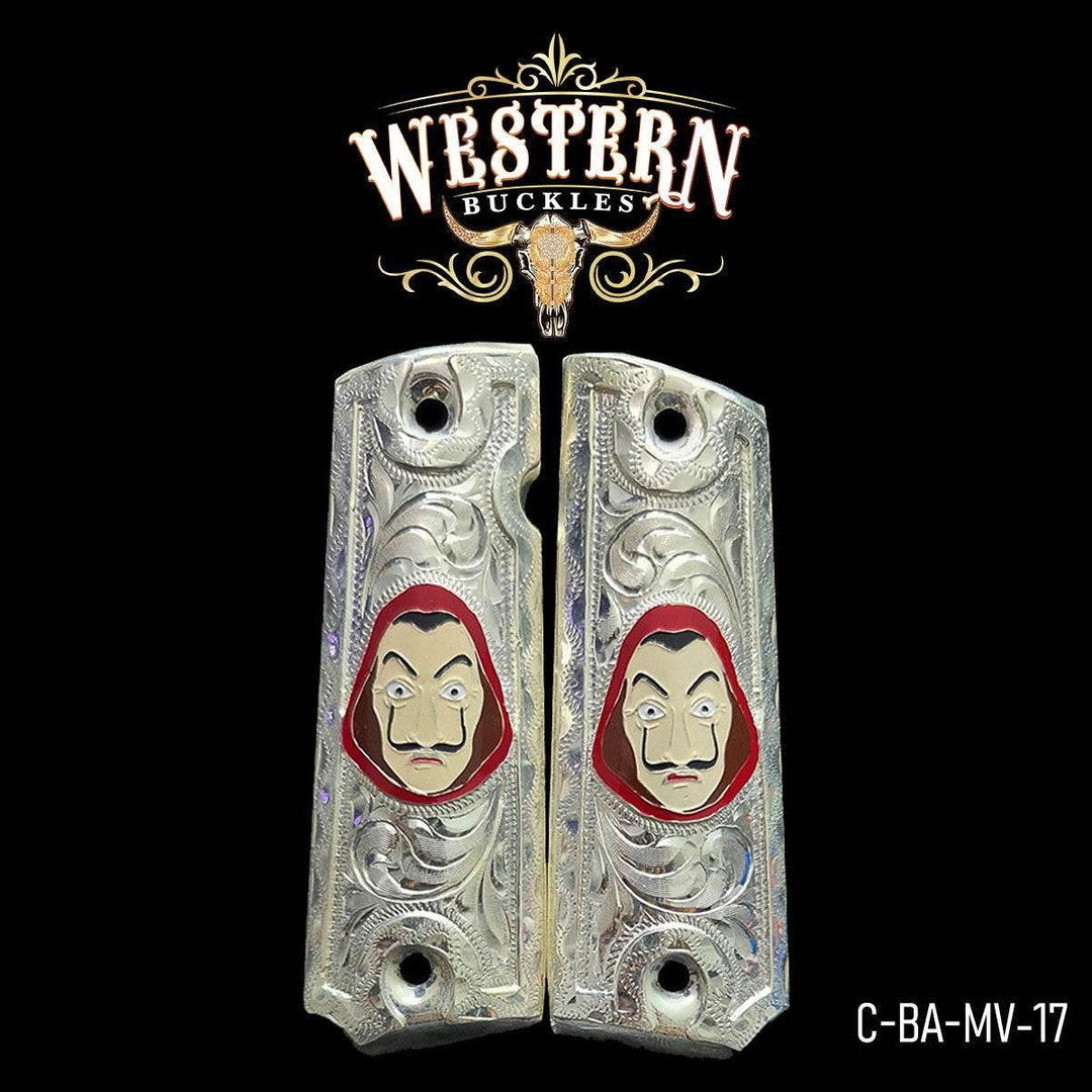 Engraved silver Colt 1911 pistol grips with red hooded mask design, custom gun accessories