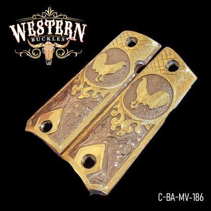 Gold engraved grips for Colt 1911 with rooster design, custom pistol grip accessories.