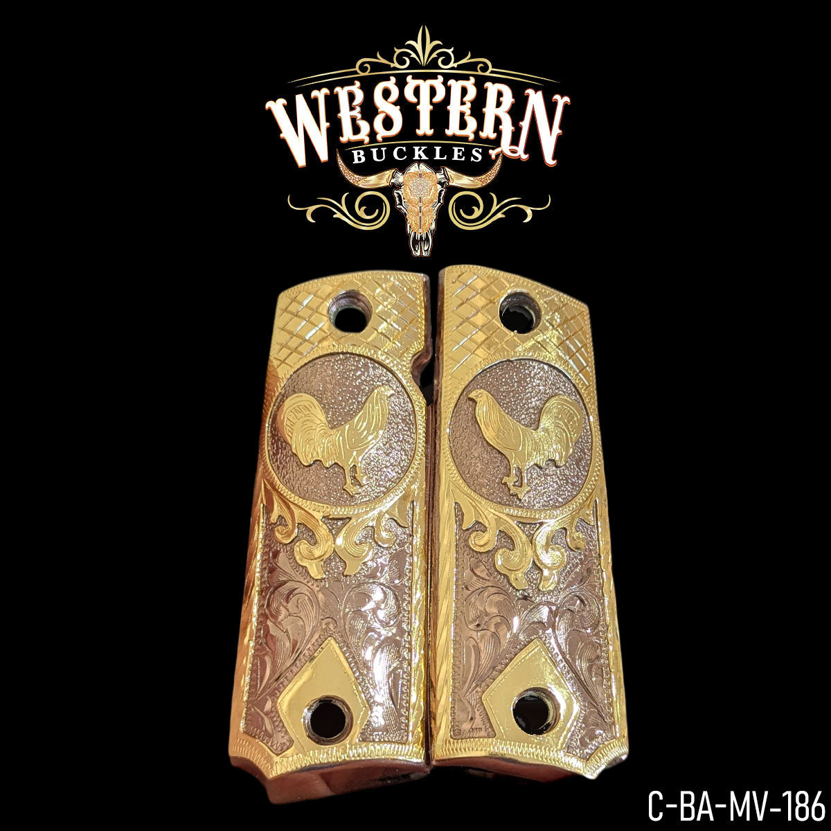 Gold engraved Colt 1911 pistol grips with rooster design and floral details.