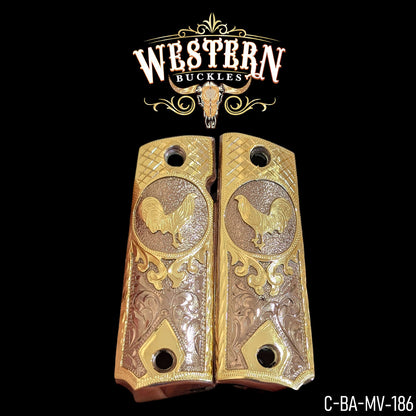 Gold engraved Colt 1911 pistol grips with rooster design and floral details.