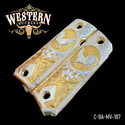Gold and silver engraved 1911 pistol grips with rooster design on black background