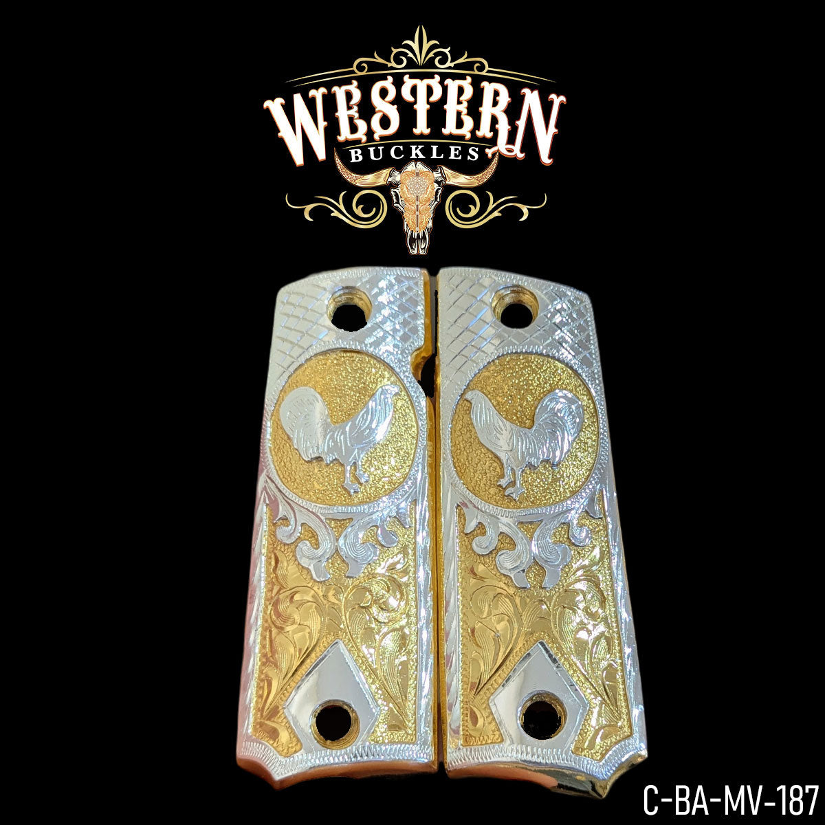 Engraved gold and silver 1911 pistol grips with rooster design, custom gun grip panels.