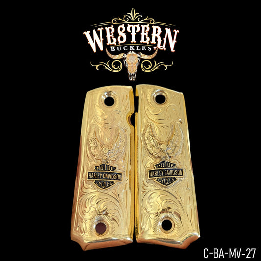 Gold engraved Colt 1911 pistol grips with eagle and motorcycle emblem design