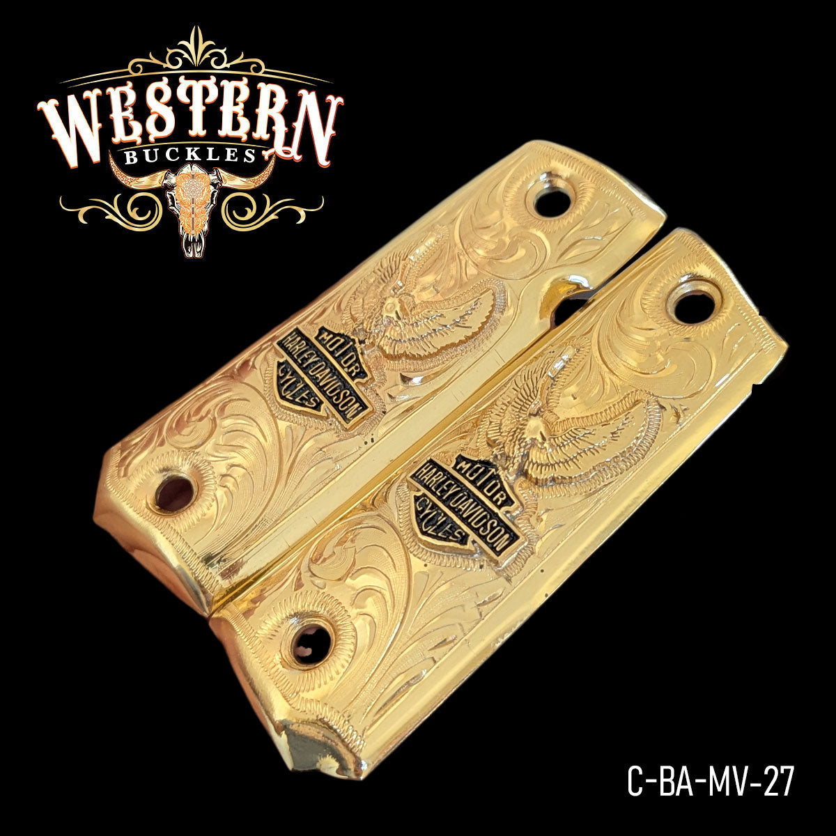 Custom gold 1911 pistol grips with engraved eagle and motorcycle logo, ornate western style.
