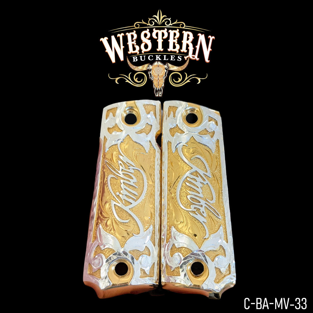 Gold and silver engraved custom 1911 pistol grips with decorative accents on black background