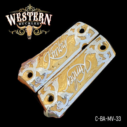 Engraved gold and silver Kimber 1911 pistol grips with western scroll design