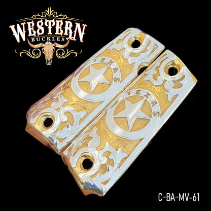 Gold and silver Texas star 1911 pistol grips with Western engraving on black background