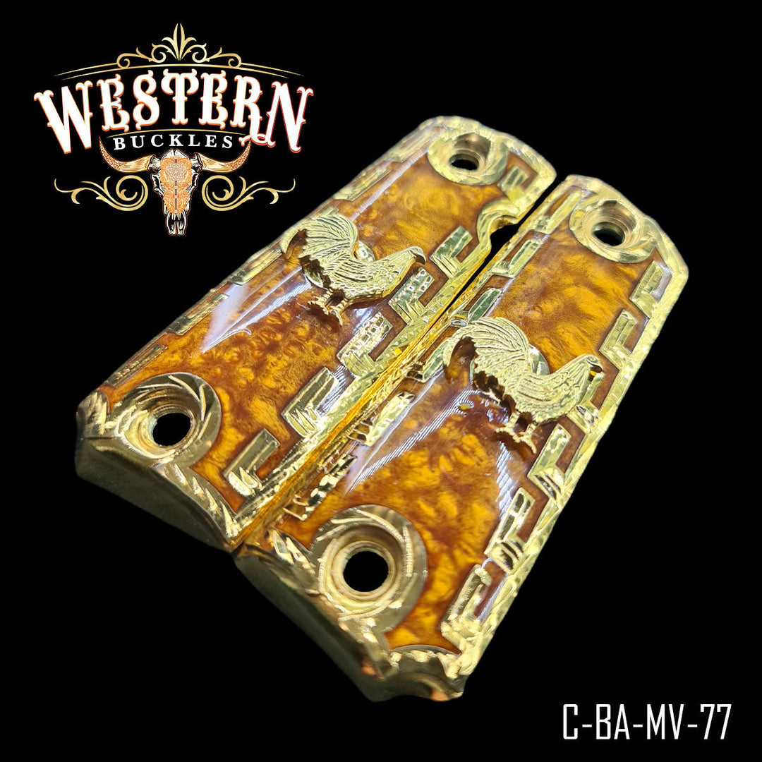 Colt 1911 Rooster Cachas — Artisan Resin — Detail View | Western Buckles Handcrafted | SKU C-BA-MV-77