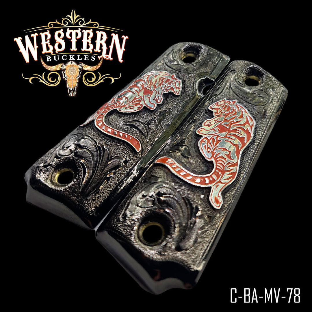 Colt 1911 Cachas — Nickel — Detail View | Western Buckles Handcrafted | SKU C-BA-MV-78
