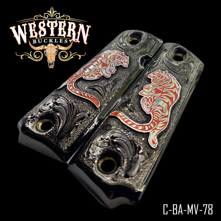 Colt 1911 Cachas — Nickel — Detail View | Western Buckles Handcrafted | SKU C-BA-MV-78