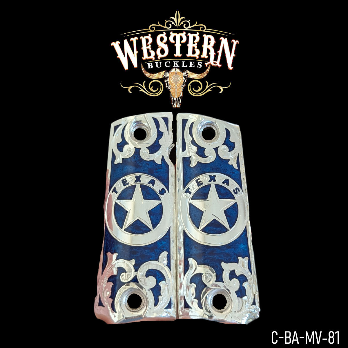 Custom Texas star 1911 pistol grips with silver scroll design on blue background