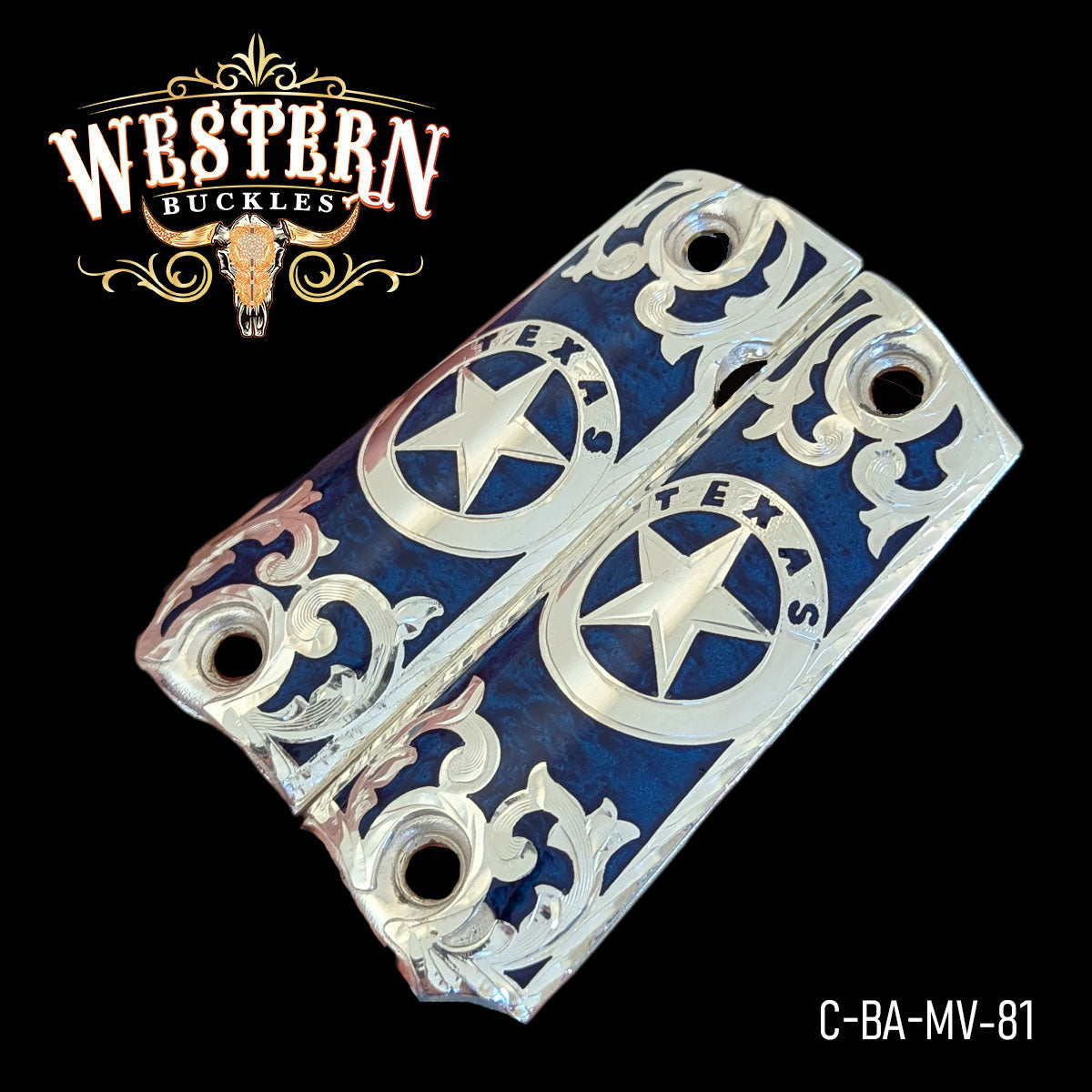 Custom blue and silver Colt 1911 pistol grips with Texas star and western engraved design.