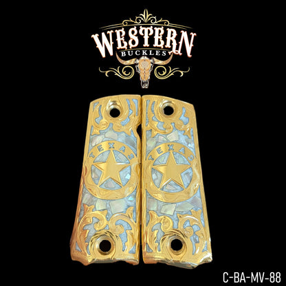 Gold Texas star custom pistol grips with engraved Western floral design and abalone inlay