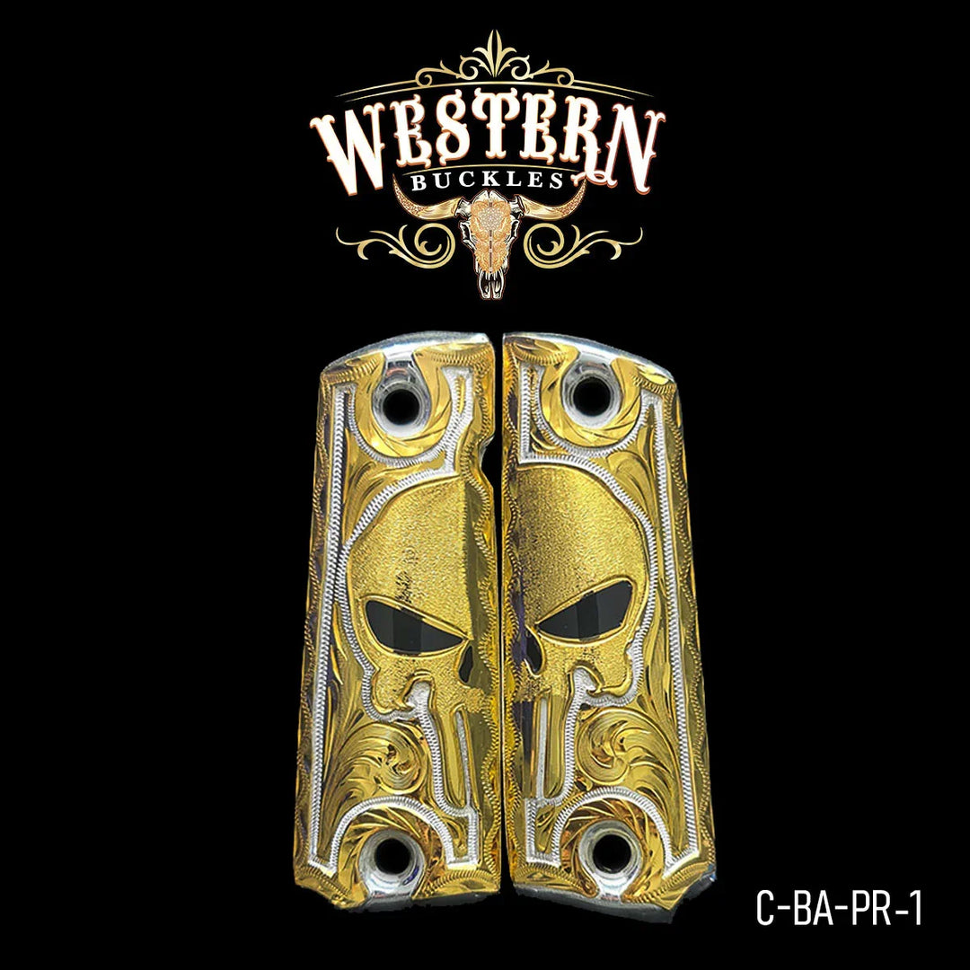 Gold engraved colt 1911 pistol grips with skull design on black background