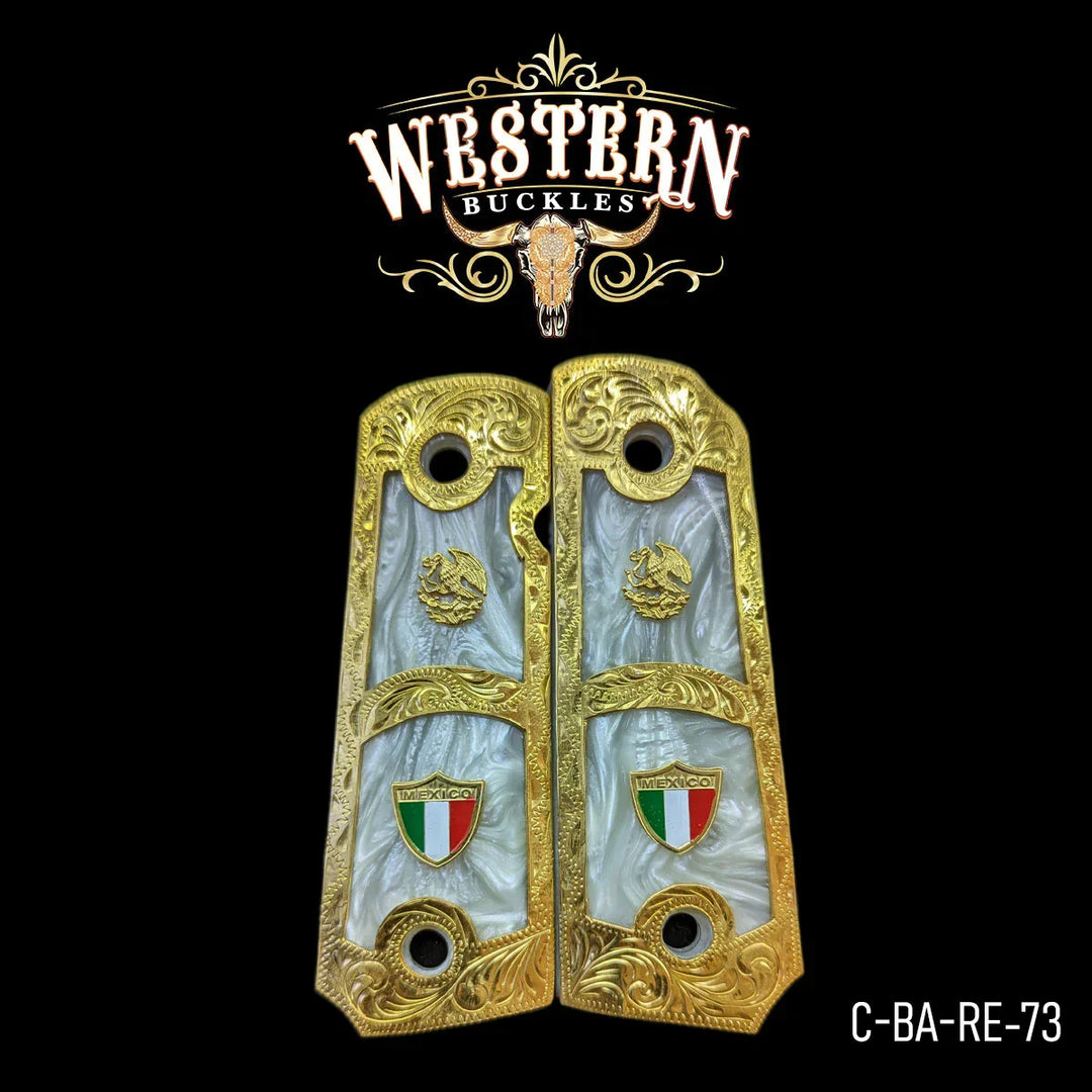 Gold and pearl Colt 1911 pistol grips with Mexico emblem and ornate engravings