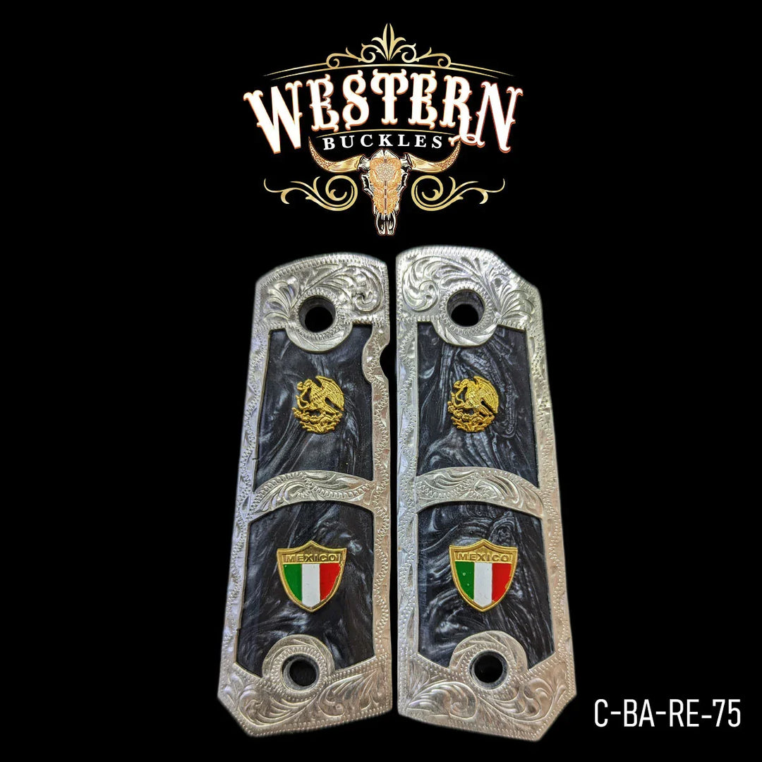 Custom Colt 1911 pistol grips with Mexican eagle and tricolor shield, engraved silver details