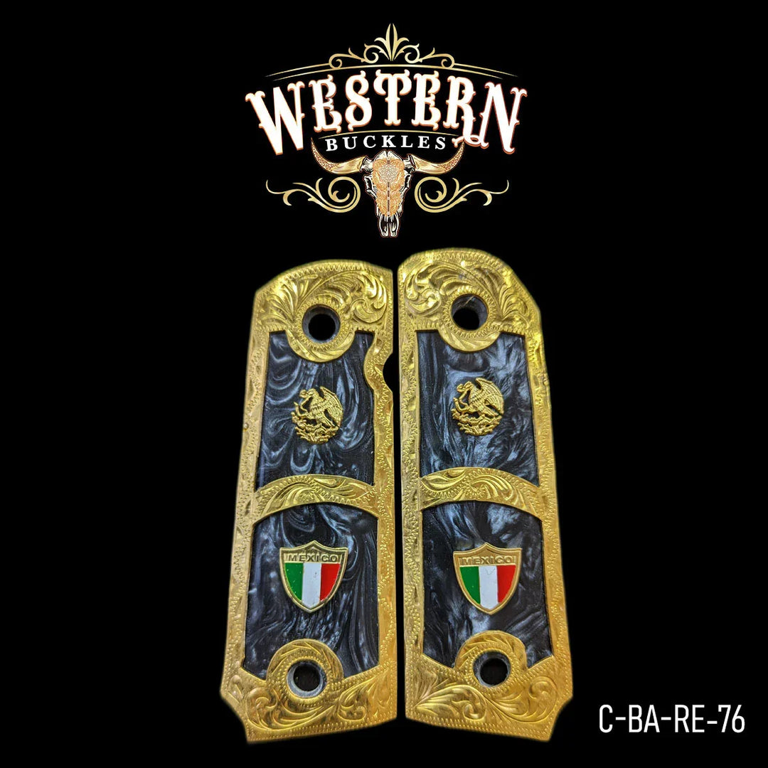 Gold and black custom Colt 1911 grips with Mexico emblem and intricate engraving.