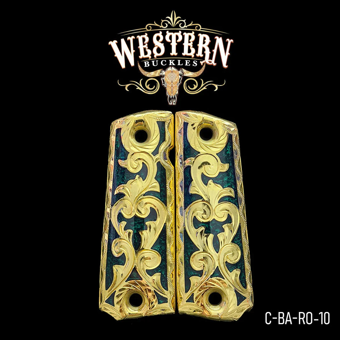 Gold engraved 1911 pistol grips with ornate floral design, custom western style accessory.