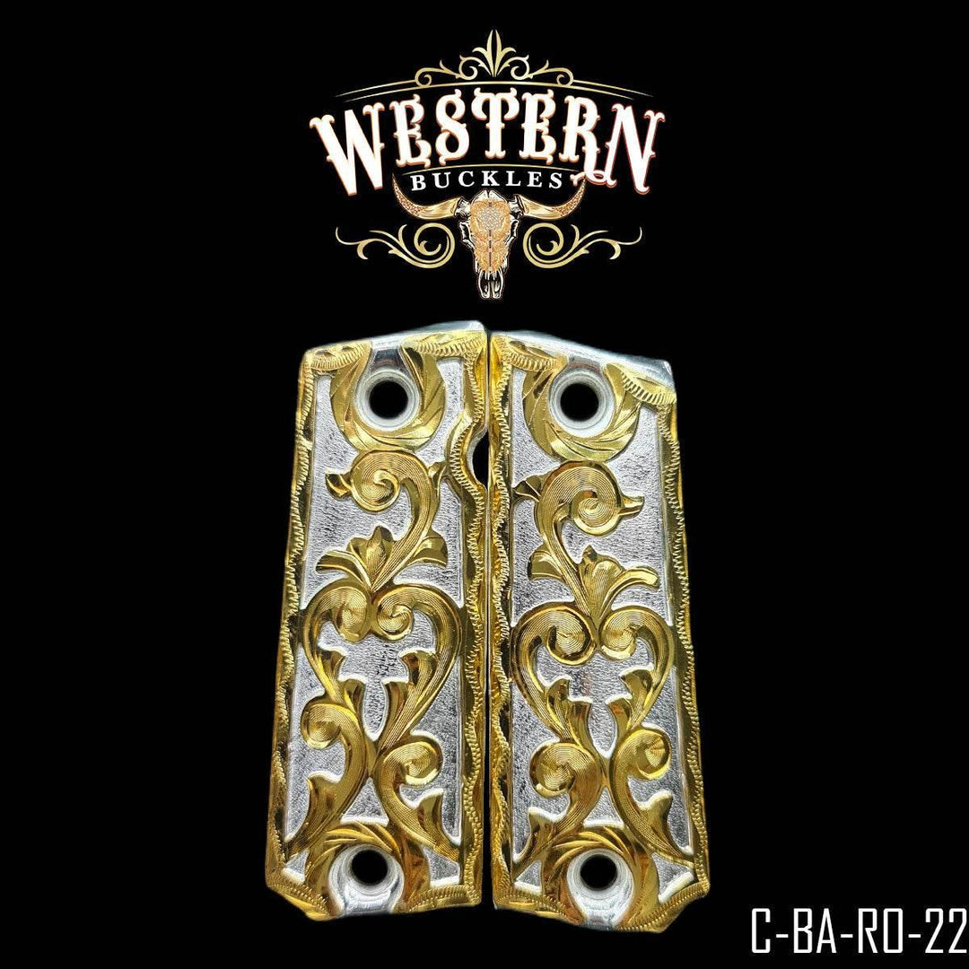Colt 1911 silver and gold engraved pistol grips with floral western design