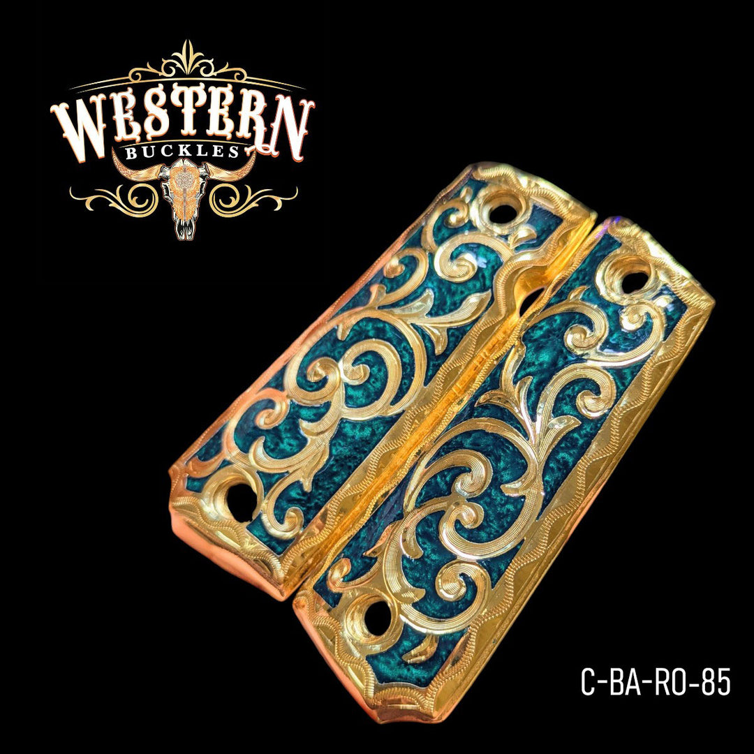Hand-Engraved Scrollwork Grips for Colt 1911 Full-Size — 24K Gold-Plated with Light Green Artisan Resin-The Western Buckles