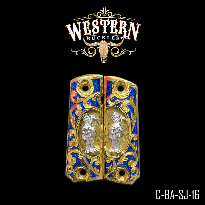 1911 Santa Muerte Gun Grips — Hand-Engraved | Handcrafted by Western Buckles | SKU C-BA-SJ-16