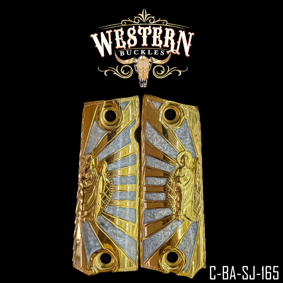San Judas Custom Grips for Colt 1911 Full-Size — 24K Gold-Plated with White Artisan Resin