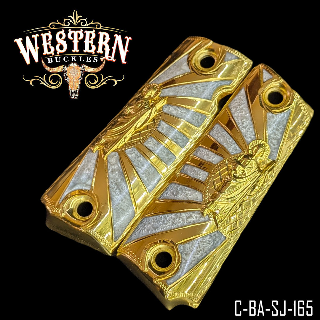 1911 San Judas Gun Grips — Detail View | Western Buckles Handcrafted | SKU C-BA-SJ-165