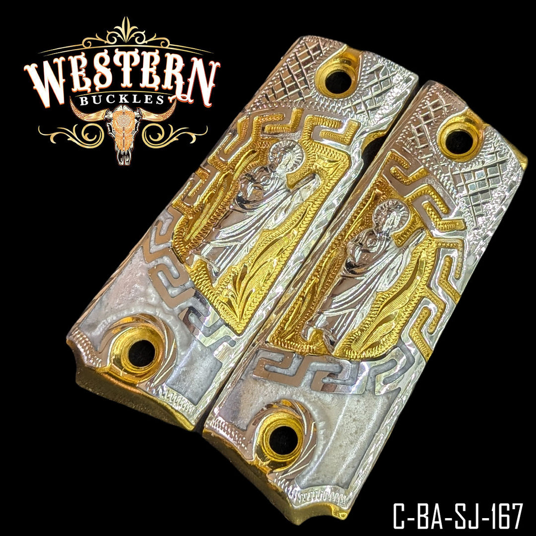 1911 Saint Jude Gun Grips — Detail View | Western Buckles Handcrafted | SKU C-BA-SJ-167