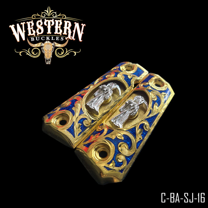 1911 Santa Muerte Gun Grips — Hand-Engraved — Detail View | Western Buckles Handcrafted | SKU C-BA-SJ-16