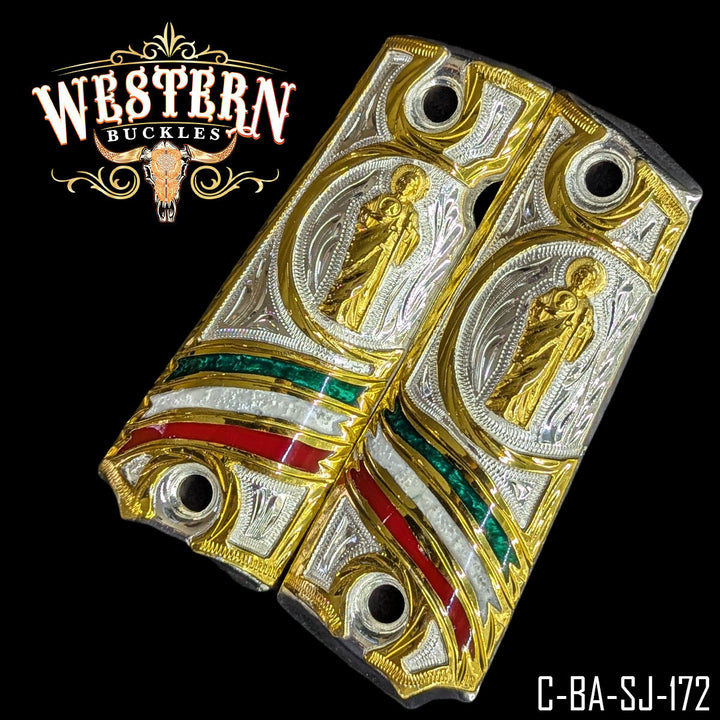1911 San Judas Gun Grips — Detail View | Western Buckles Handcrafted | SKU C-BA-SJ-172